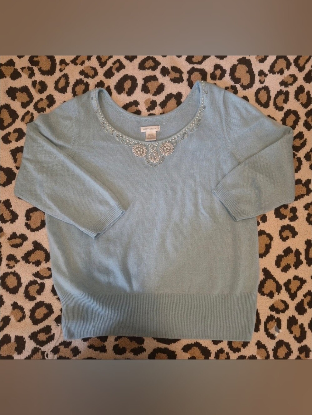 Powder Blue Scoop Neck Sweater Pearl/Rhinestone Accents 3/4 Sleeves L